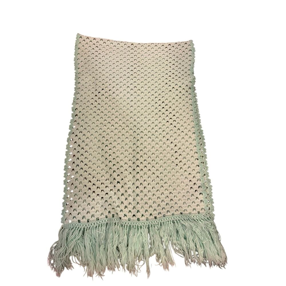 Handmade Knit Throw Shawl Lt Blue With Fringe Trim Rectangle 54” Long Textured